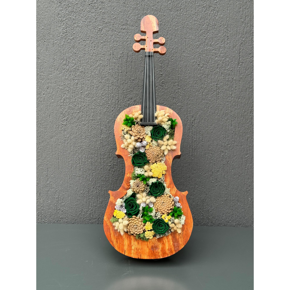 DEKORATİF AHŞAP KEMAN YEŞİL SOLMAYAN GÜL 